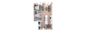 A 3D floor plan of a small apartment with a kitchen, living room, and bedroom.