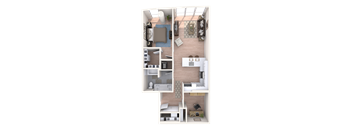 A 3D floor plan of a house with a kitchen, living room, and bedrooms.