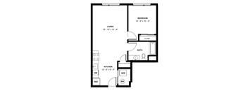 A black and white image of a floor plan for a small apartment.