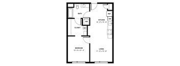 A black and white image of a floor plan for a small apartment.