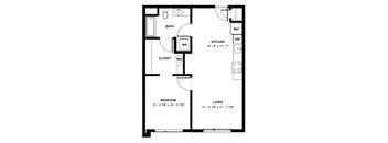 A black and white image of a floor plan for a small apartment.