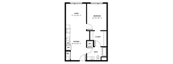 A floor plan of a small apartment with a living room, bedroom, kitchen, bathroom, and closet.