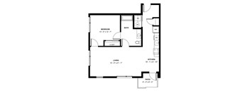 A black and white image of a floor plan for a small apartment.