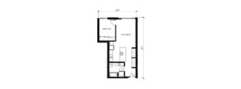 A floor plan of a house with a kitchen, living room, and two bedrooms.