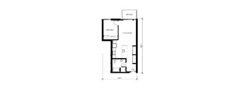 A black and white drawing of a floor plan for a small apartment.