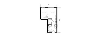 A floor plan of a room with dimensions and furniture layout.