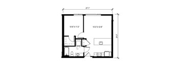 A floor plan of a room with dimensions and furniture layout.