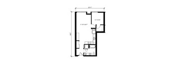 A black and white floor plan of a house with a kitchen, living room, and two bedrooms.