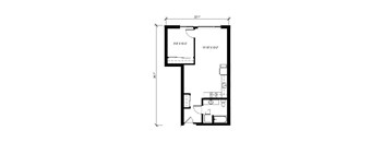 A floor plan of a room with dimensions and furniture layout.