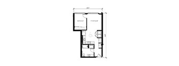 A floor plan of a house with a kitchen, living room, and bathroom.