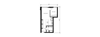 A floor plan of a room with dimensions and furniture layout.