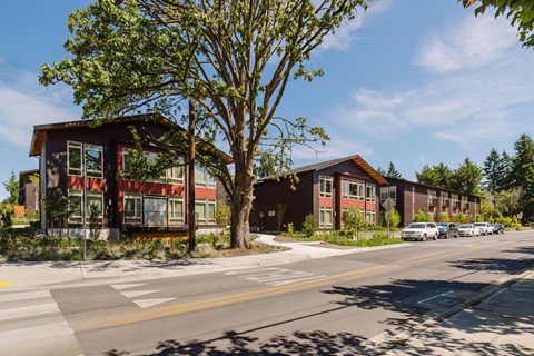 A street view of a residential area with houses and cars.