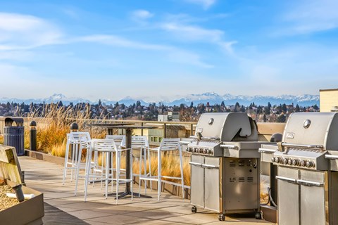 A row of outdoor barbecue grills are lined up on a patio.