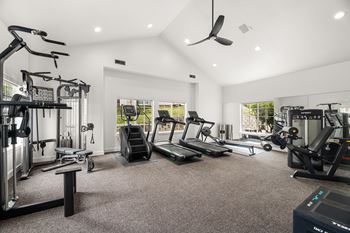 A spacious home gym with a variety of exercise equipment.