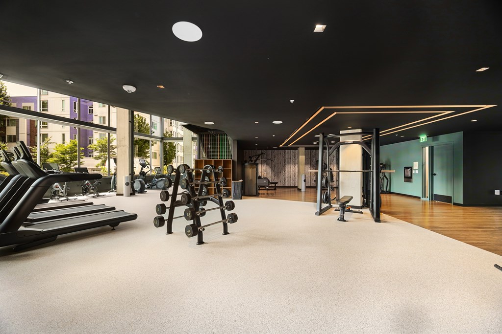 A gym with a variety of equipment including weights and cardio machines.