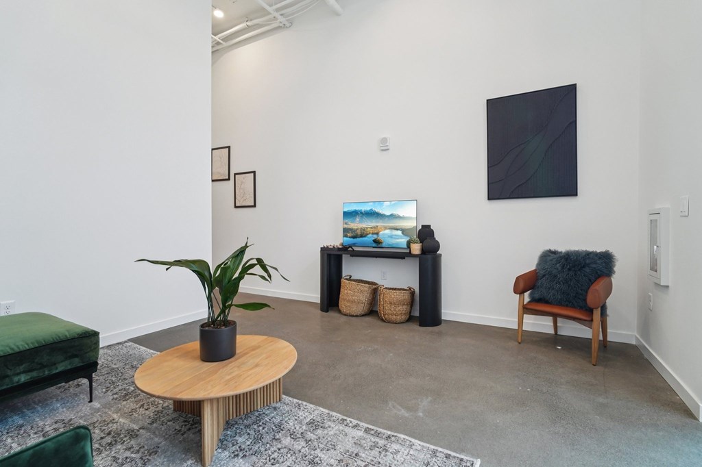 A living room with a green couch, a wooden coffee table, a TV, and a potted plant.