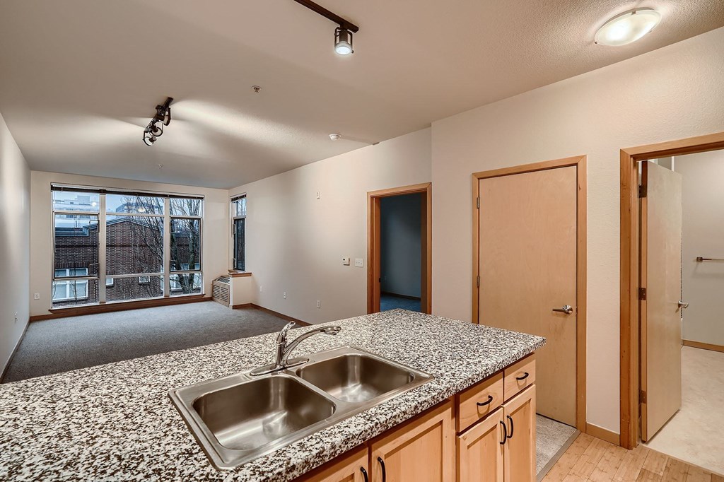 the kitchen has granite counter tops and a stainless steel sink