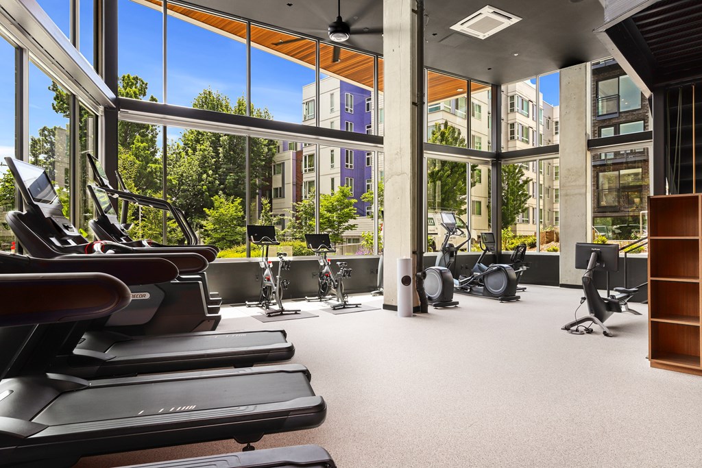 A gym with treadmills, exercise bikes, and a view of the city.