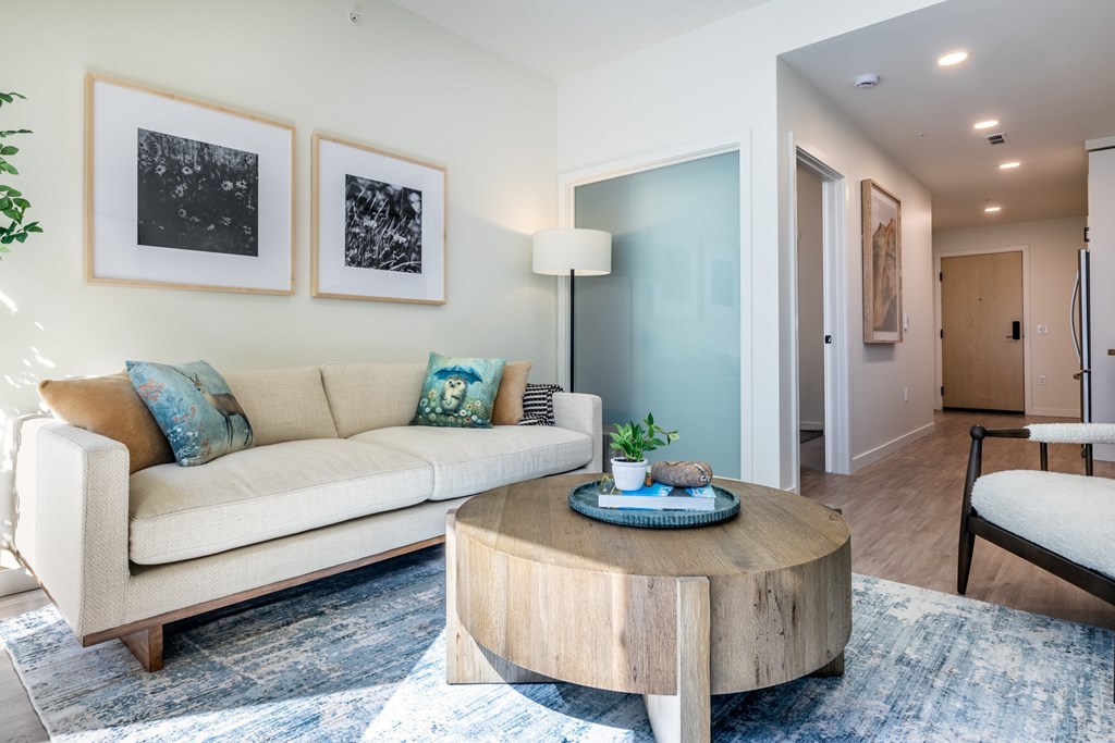 A living room with a white couch, a wooden coffee table, and a blue rug.