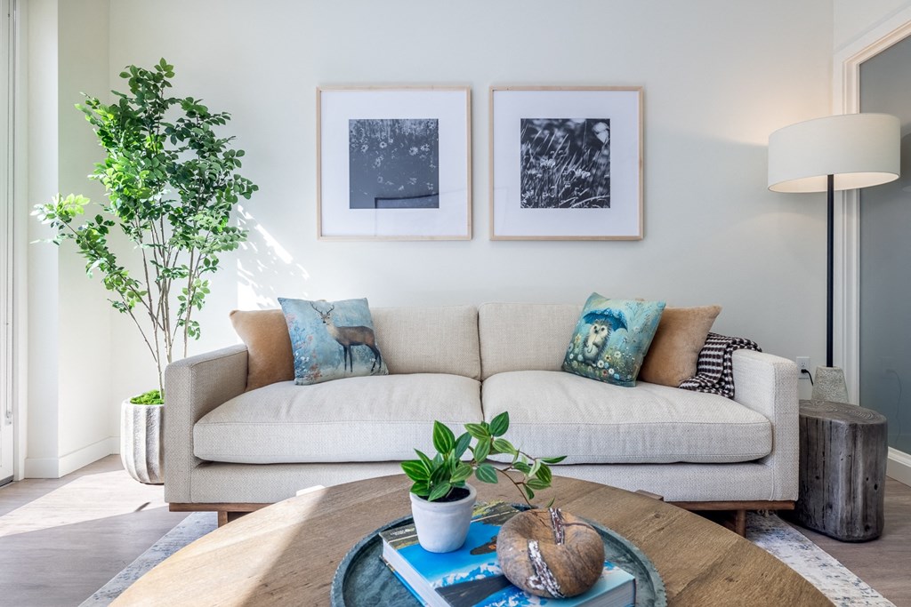 A living room with a white couch, a wooden coffee table, and two framed pictures on the wall.