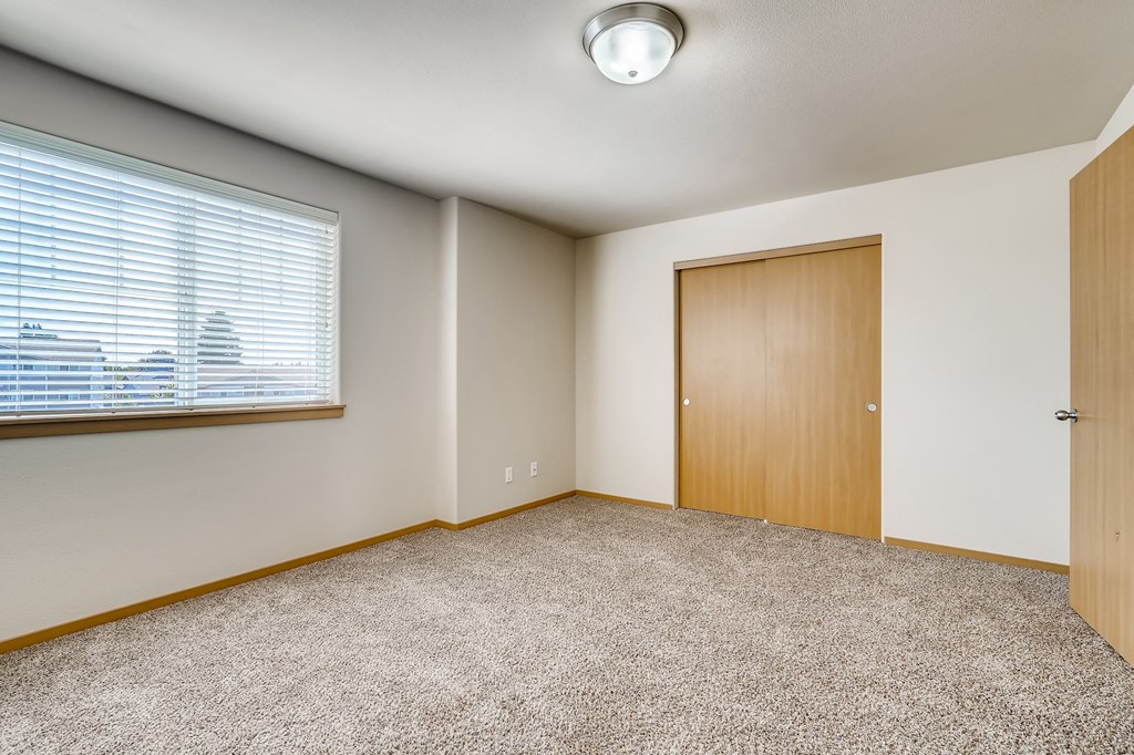 A room with a carpeted floor, a window with blinds, and a ceiling light.