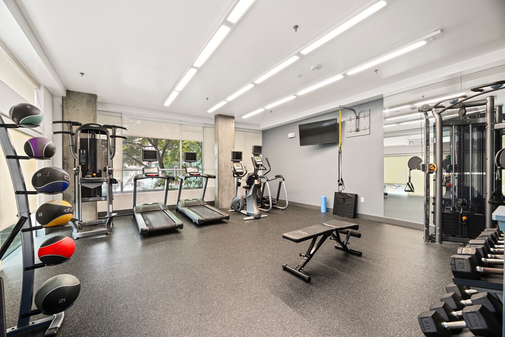 a gym with weights and cardio equipment on the floor and a television