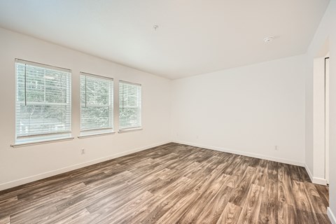 A room with wooden flooring and three windows.