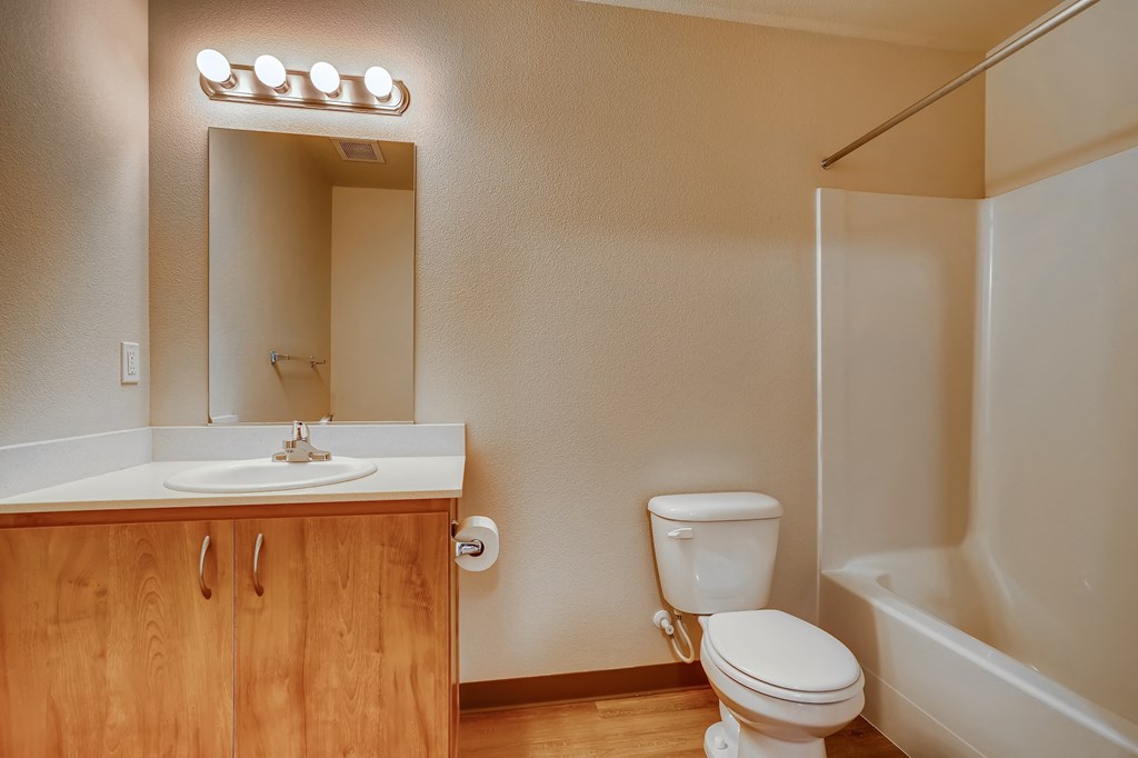 A bathroom with a toilet, sink, and mirror.
