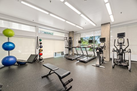 a gym with cardio equipment and weights on the floor