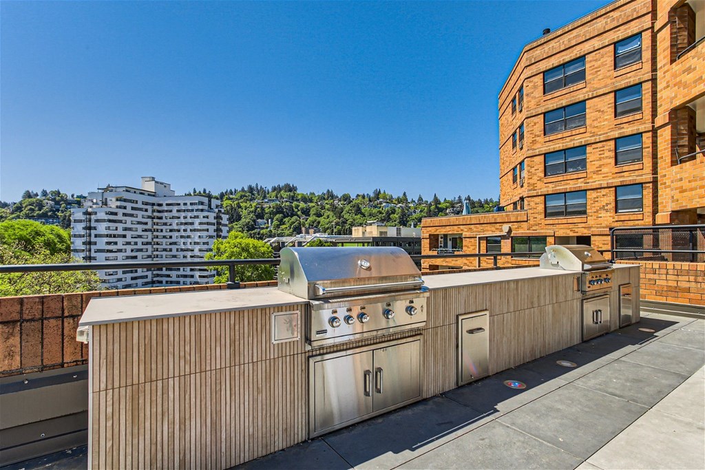 the rooftop barbecue area of a building with a city in the background