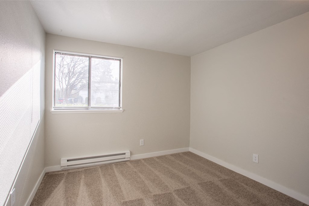 an empty room with carpet and a window
