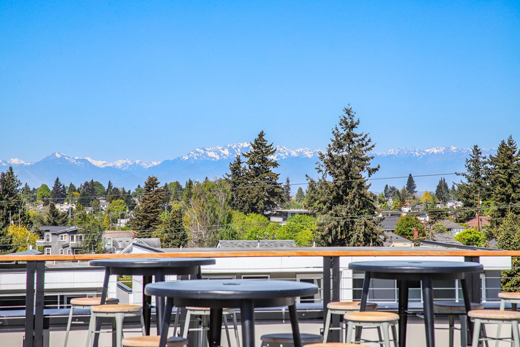 the views of the mountains from the rooftop bar of the mountain view restaurant at summit