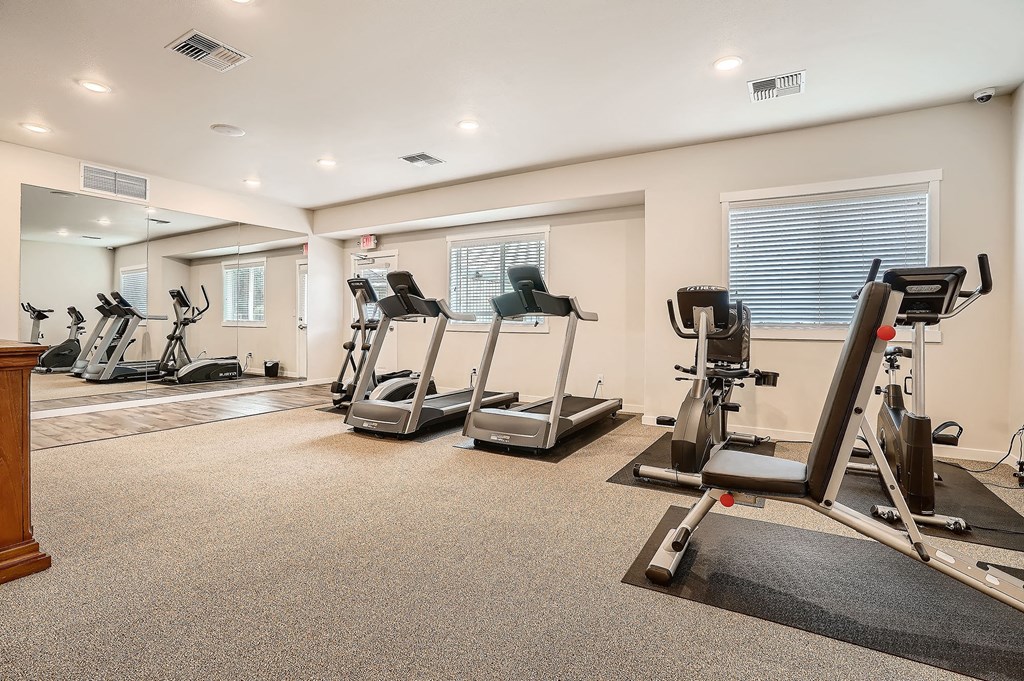 a gym with cardio machines and weights on the floor