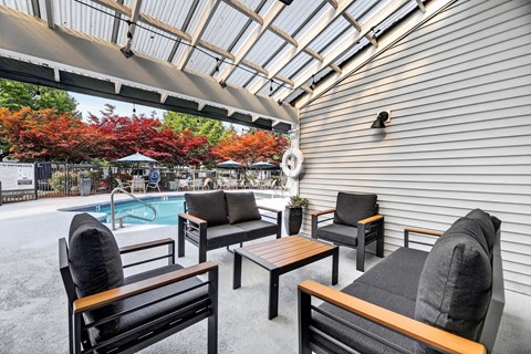 A patio with a pool and furniture.