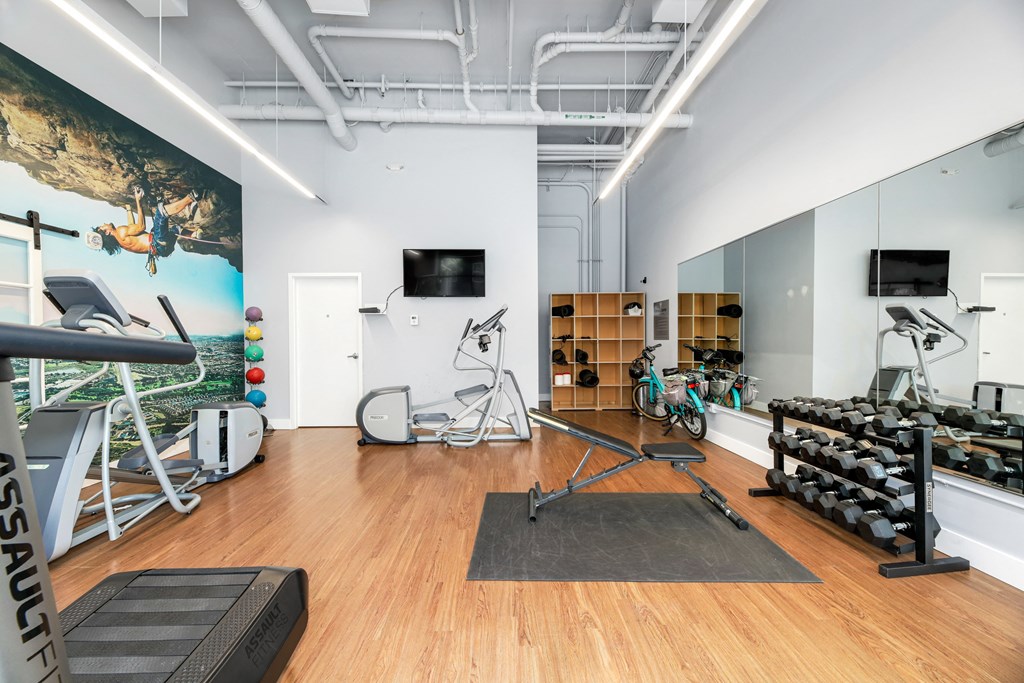 a workout room with weights and cardio equipment and a wall mural