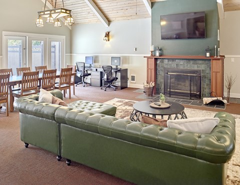a living room with a fireplace and a green leather couch