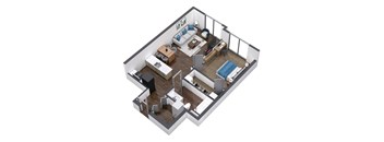 A 3D floor plan of a small apartment with a kitchen, living room, and bedroom.