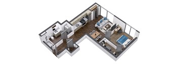 A 3D rendered image of a house layout.