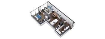 A 3D floor plan of a small apartment with a kitchen, living room, and bathroom.