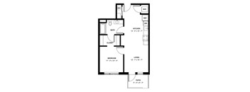 A black and white image of a floor plan for a small apartment.