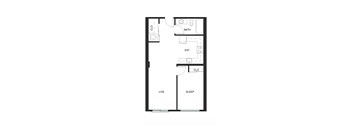 A floor plan of a small apartment with a living room, bedroom, and bathroom.