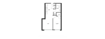 A floor plan of a small apartment with a living room, kitchen, bathroom, dining room, and bedroom.