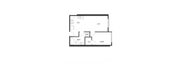 A floor plan of a small apartment with a living room, kitchen, bathroom, and bedroom.
