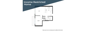 A diagram of an income restricted home with a living room, bathroom, and kitchen.