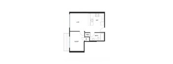 A floor plan of a small apartment with a living room, dining room, kitchen, bathroom, and bedroom.