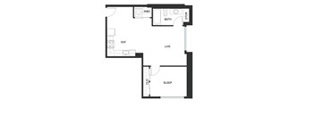 A floor plan of a small apartment with a living room, kitchen, bathroom, and bedroom.