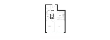 A floor plan of a small apartment with a bathroom, kitchen, living room, and bedroom.