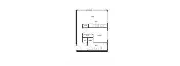 A floor plan of a small apartment with a living room, bedroom, and bathroom.