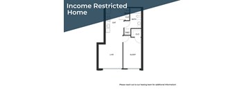 A floor plan of an income restricted home with a living room, bedroom, bathroom, and kitchen.