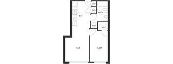 A floor plan of a small apartment with a living room, bedroom, bathroom, and kitchen.